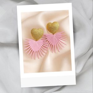 Orecchini Cuore Dorato con Ventaglio Rosa