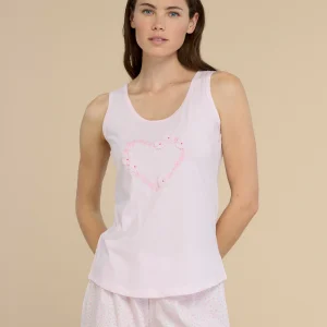 Rif.9165 Pigiama donna in cotone con top spalla larga e pantalone corto articolo violet rosa