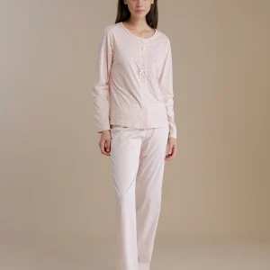 Rif. 9022 Pigiama donna in cotone top con apertura sul davanti e pantalone lungo articolo little flower