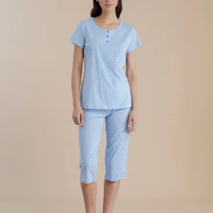 Rif.9206 Pigiama donna in cotone con top collo tre bottoni e pantalone pescatore articolo little flower conformato