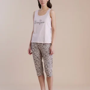 Rif.9211 Pigiama donna in cotone top spalla larga animalier conformato
