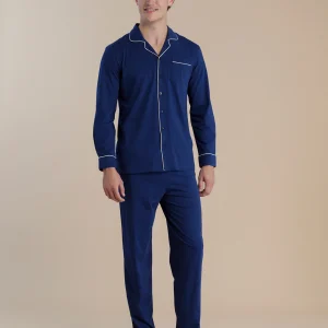 Rif. 3050 Pigiama uomo in cotone top aperto davanti e pantalone lungo articolo timeless