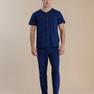 Rif.3054 Pigiama uomo in cotone top aperto davanti manica corta e pantalone lungo articolo timeless