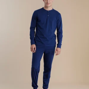 Rif.3119 Pigiama uomo in cotone top manica lunga con collo tre bottoni timeless conformato