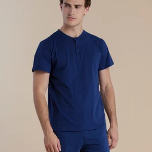 Rif.3061 Pigiama uomo in cotone top manica corta con collo tre bottoni timeless