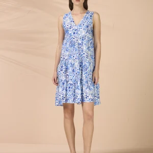 Rif.3312 Abito corto donna in viscosa spalla larga articolo acquerello blu