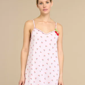Rif.3245 Camicia da notte donna in cotone con bretelline e scollo a V, decorata con stampa ciliegie articolo summer&fruits