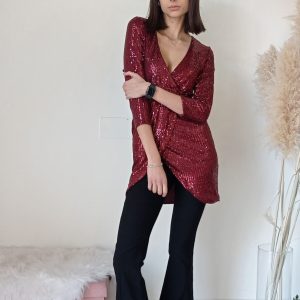 Blusa Lunga in Paillettes con Scollo a V – Stile Audace e Versatile