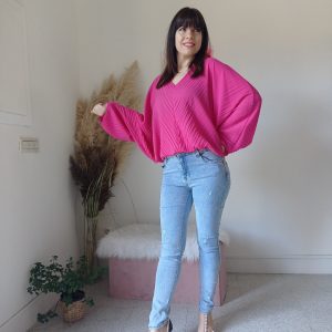 Blusa Plissettata Fucsia e Verde Prato con Maniche a Kimono – S/XL – Versatile e Confortevole