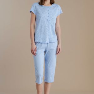 Rif.9208 Pigiama donna in cotone con top manica corta collo a 4 bottoni e pantalone pescatore little flower conformato