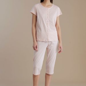 Rif.9208 Pigiama donna in cotone con top manica corta collo a 4 bottoni e pantalone pescatore little flower conformato rosa