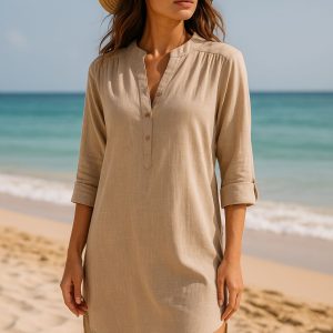 Camicia lunga in cotone beige abito mare