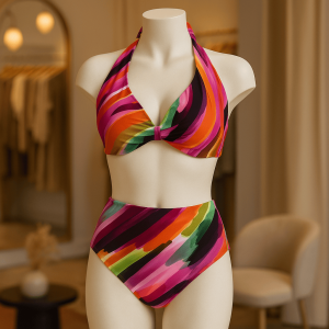 Bikini a vita alta multicolor con reggiseno a fascia con ferretto.