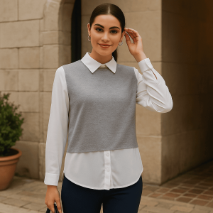 Blusa effetto doppio grigio e bianco con colletto  La Strega di Biancaneve