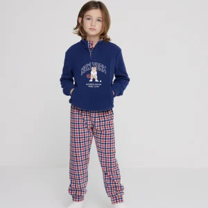 Rif.2466 Pigiama bambino new york in pile con collo tre bottoni
