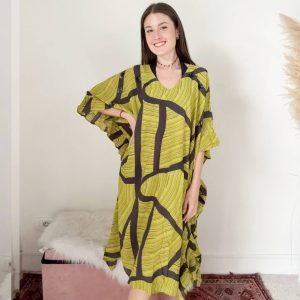 Kaftano lungo fantasia geometrica verde e nero